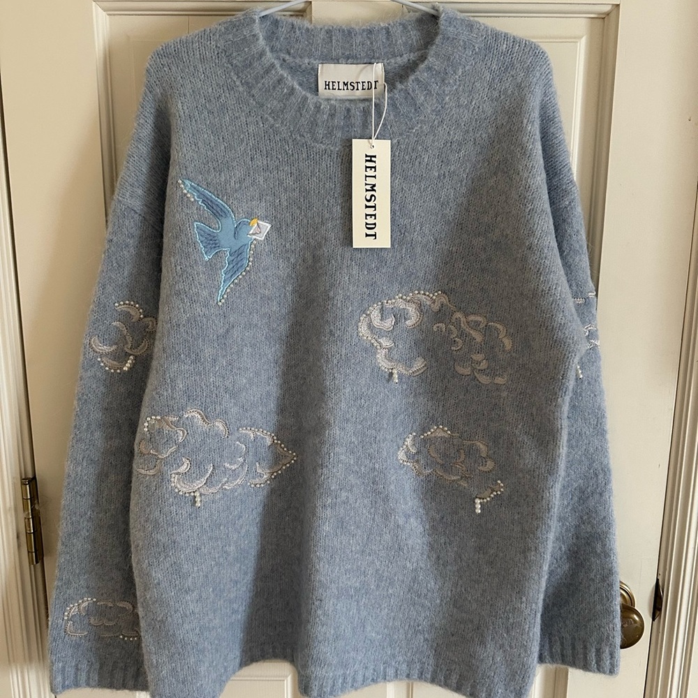Helmstedt Pale Blue Oversized Sweater with Cloud and Bird Embroidery